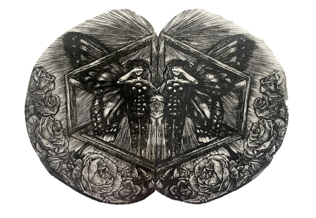 李孟芳,勿聽、勿視、勿言,2024,木口木版畫,15x20 cm。