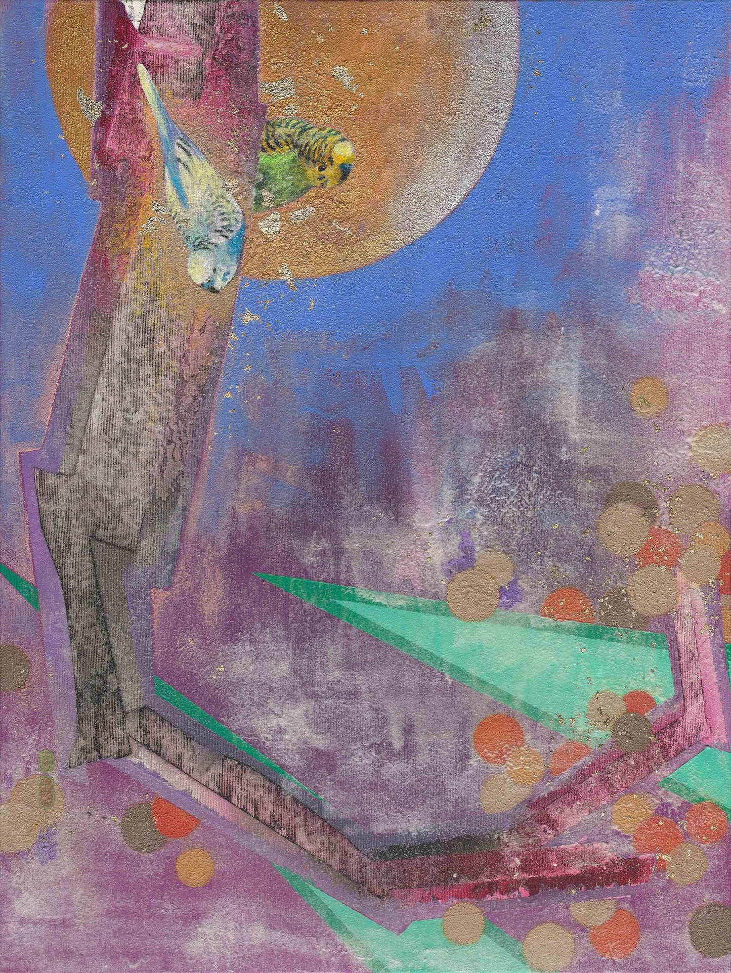 高甄斈,聚-虎皮鸚鵡1,2022,彩、墨、布,60.5×45.5cm。