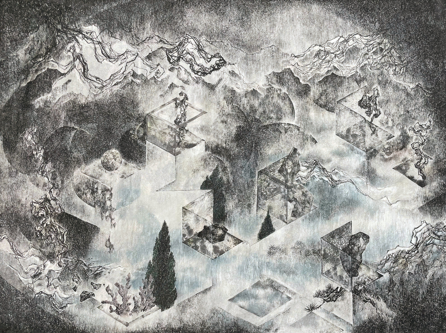 李孟芳，人間世－多寶格，2024，水墨水印紙本，70x90 cm。