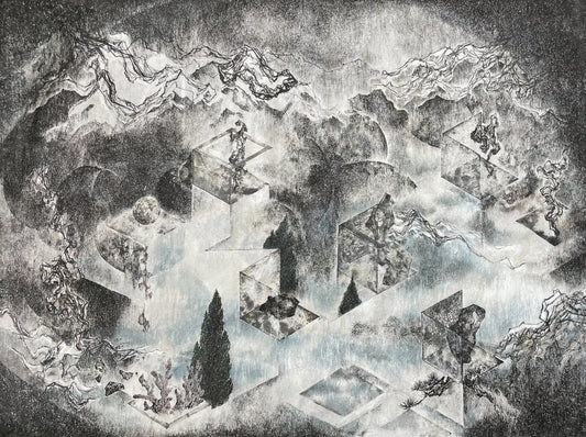 李孟芳，人間世－多寶格，2024，水墨水印紙本，70x90 cm。