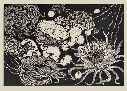 汪怡娉，火龍果與臺灣食蛇龜，2025，版畫、油墨、和紙，30x42cm。