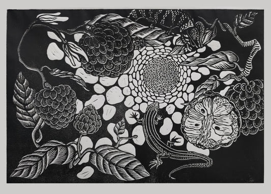 汪怡娉，釋迦與石龍子，2025，版畫、油墨、和紙，30x42cm。