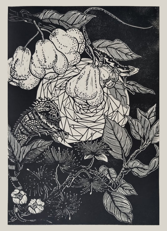 汪怡娉，蓮霧與斯文豪氏蜥蜴，2025，版畫、油墨、和紙，42x30cm。