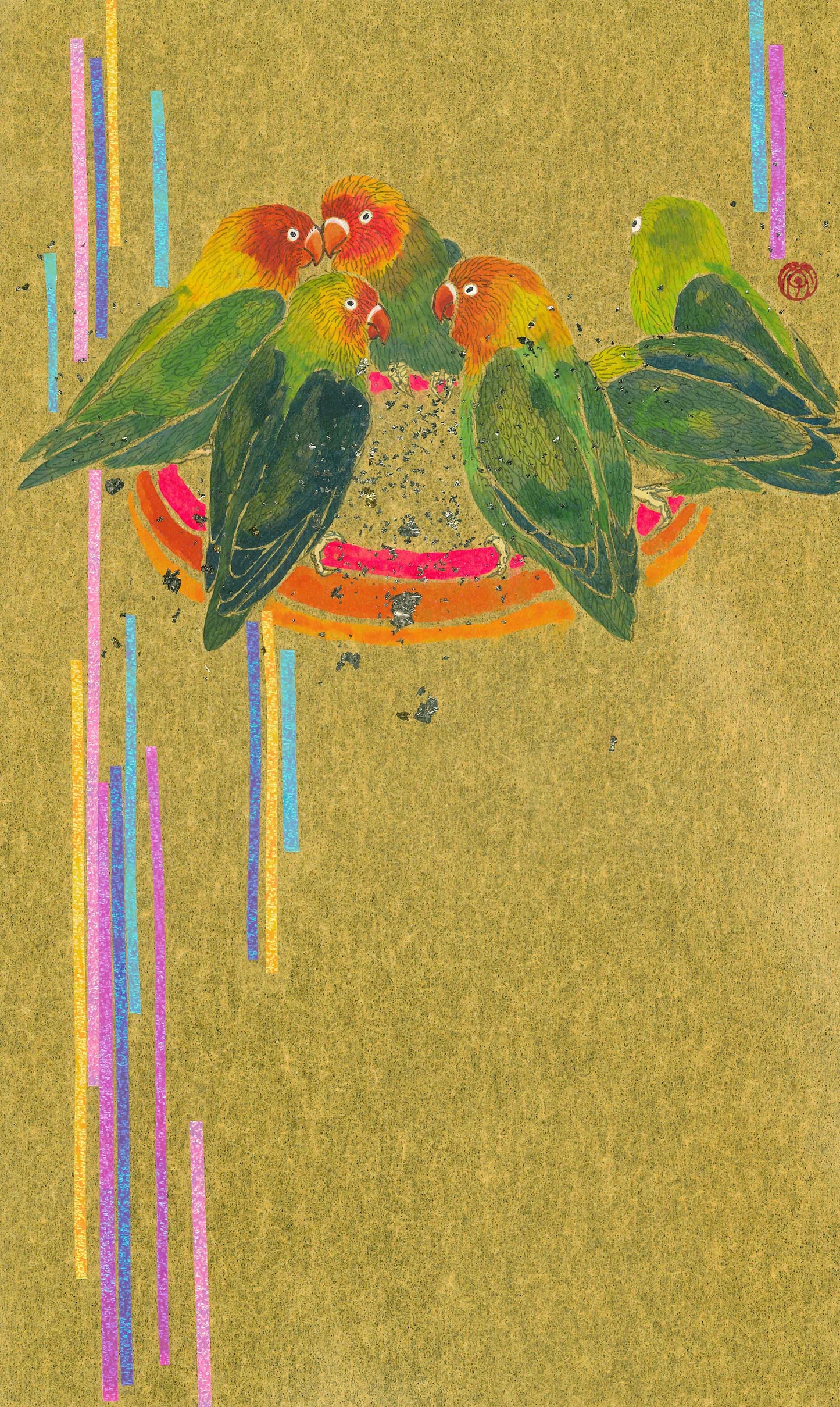 高甄斈，聚-牡丹鸚鵡(愛情鳥)42，2025，彩、墨、紙，35×21cm。
