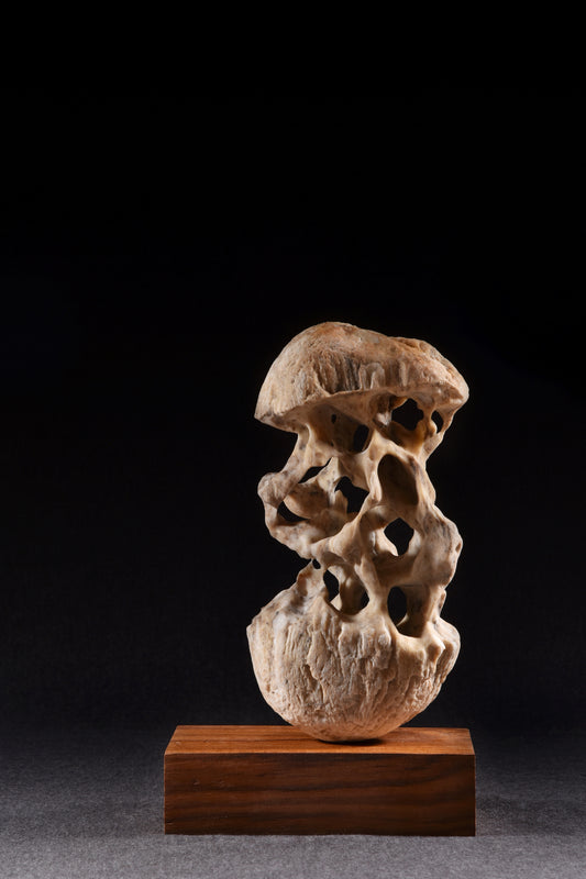 廖家豪，升，2023，白青花石、柚木、黃銅，17x10.5x28cm，私人收藏。