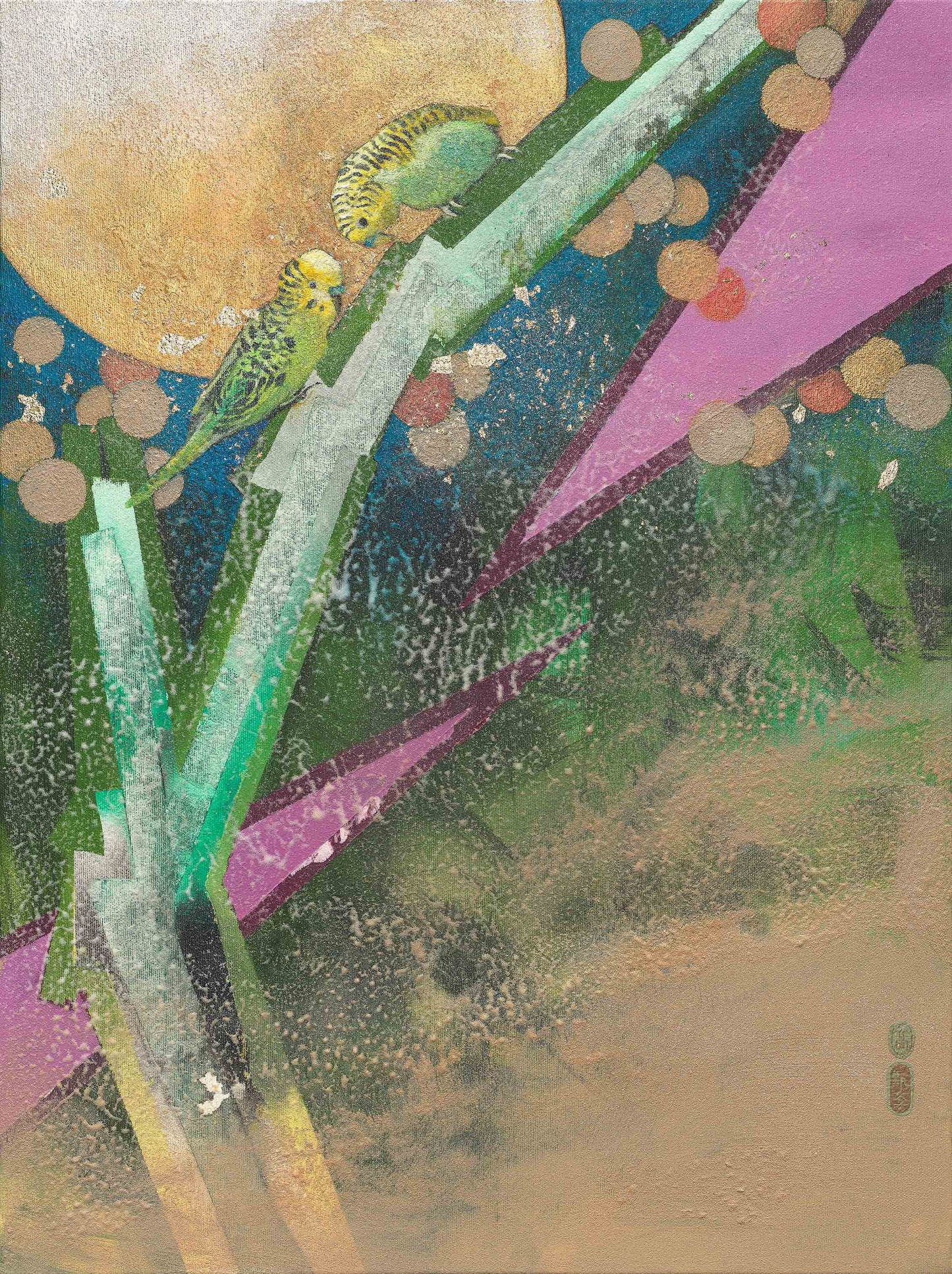 高甄斈，聚-虎皮鸚鵡3，2022，彩、墨、布，60.5×45.5cm。